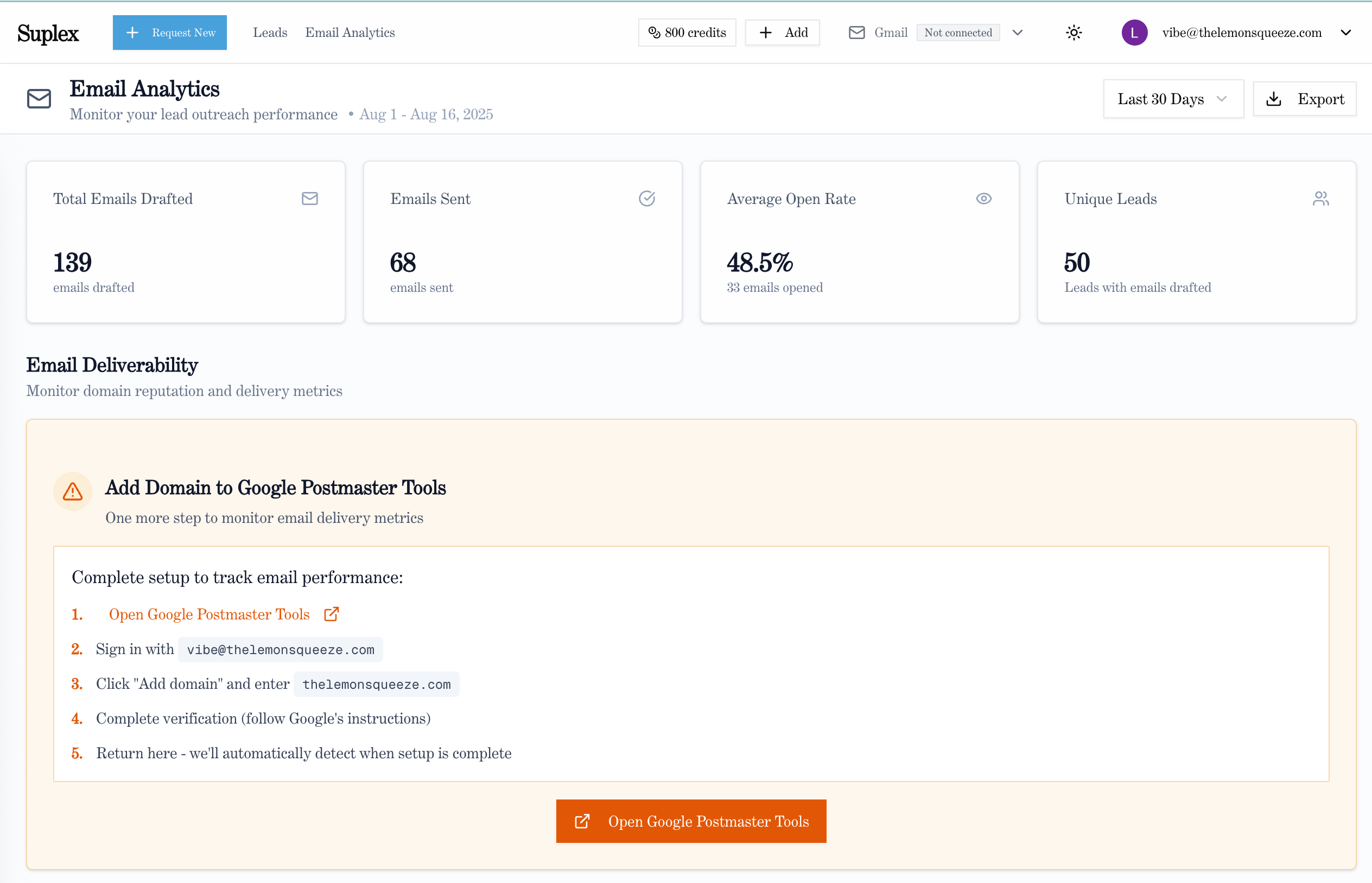 Email analytics dashboard showing performance metrics and deliverability tracking